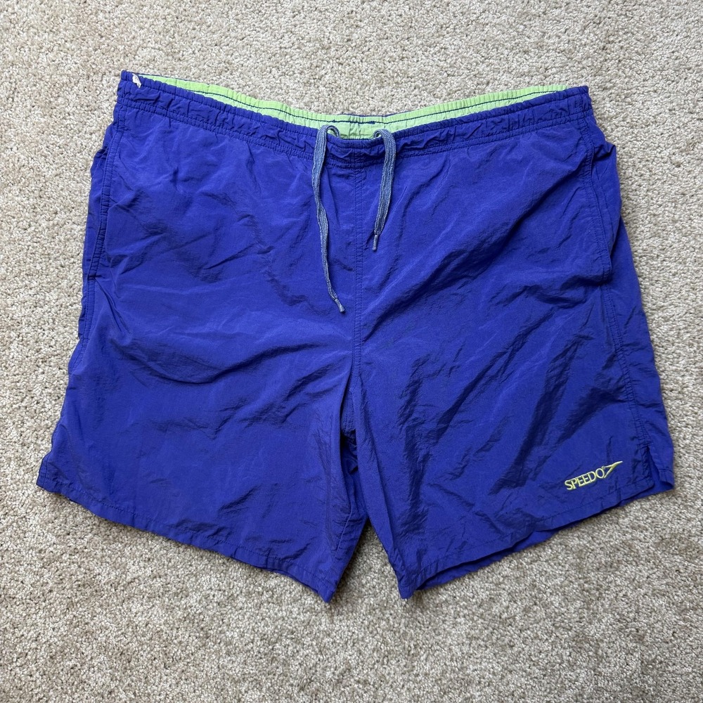 Vintage Speedo Swim Shorts Mens Medium Blue Big Back Logo Mesh Lined Trunks